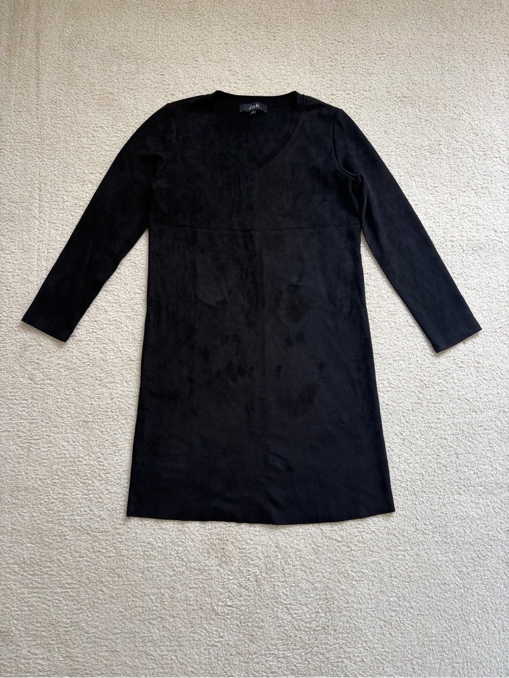 Joh black faux suede long sleeve midi shift dress sz S minimalist classic modest